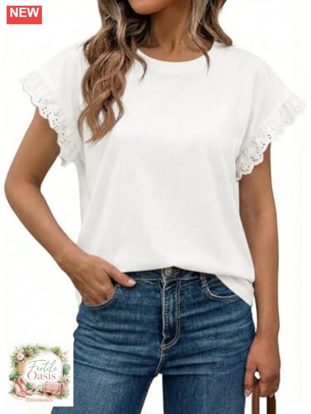 Lace Cap Sleeve Crewneck T-Shirt Soft Cotton Blend Summer Top